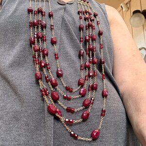 Elegant Multi-Strand Necklace with Red Beads with gold colored chains